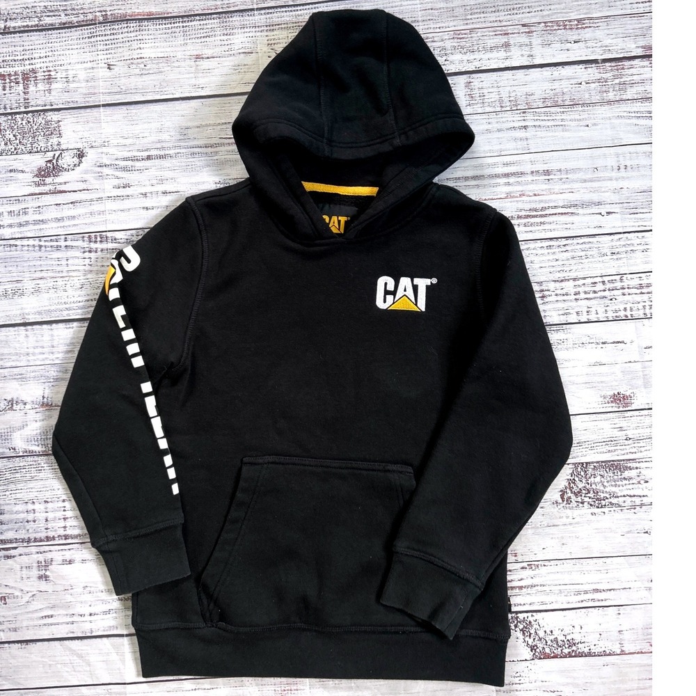 CATERPILLAR Hoodie Kids Size 10/12 Black Logo Sleeve CAT Graphic Pullover